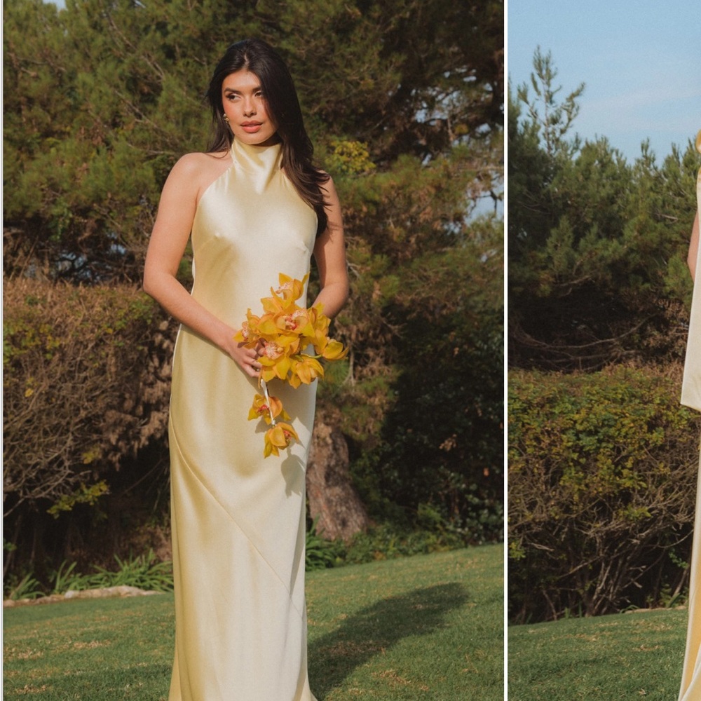 Show Me Your MuMu Satin Halter Backless Maxi Dress in Pale Yellow